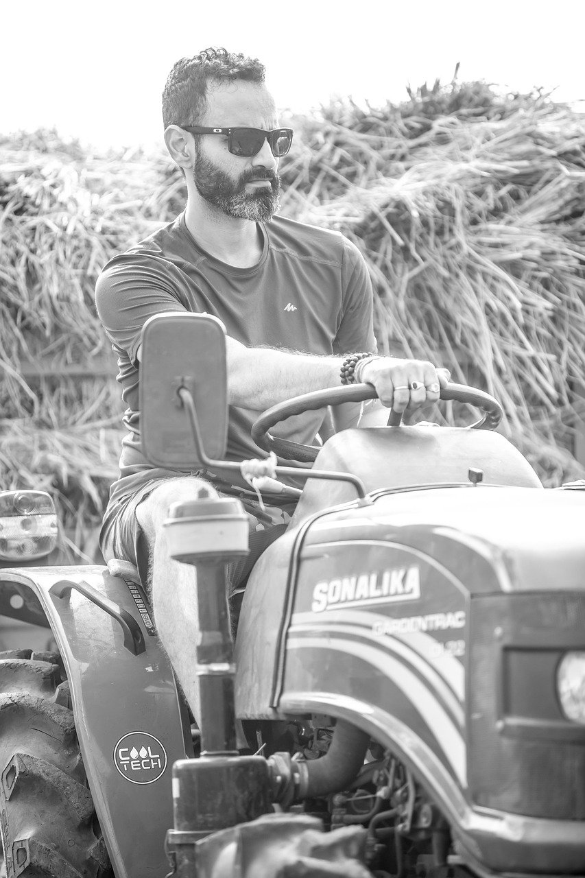 monochrome, man, tractor, farmer, male